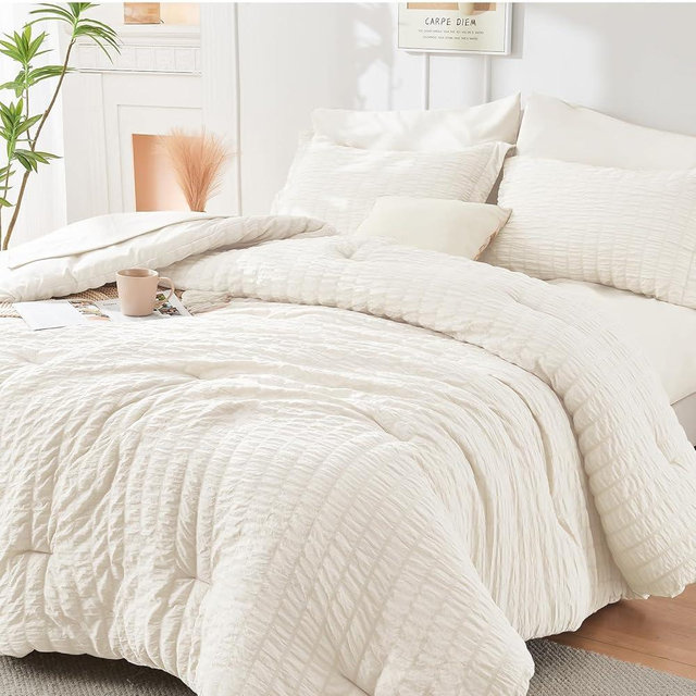HYMOKEGE Ivory Full Size Comforter Sets Seersucker 7 Pieces, All Season Luxury Bed in a Bag for Bedroom, Bedding Set with Comforters, Sheets, Pillowcases & Shams