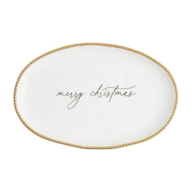 Mud Pie Christmas Gold Beaded PLATTERS & Trays, 10 3/4" x 16 1/2", WHITE