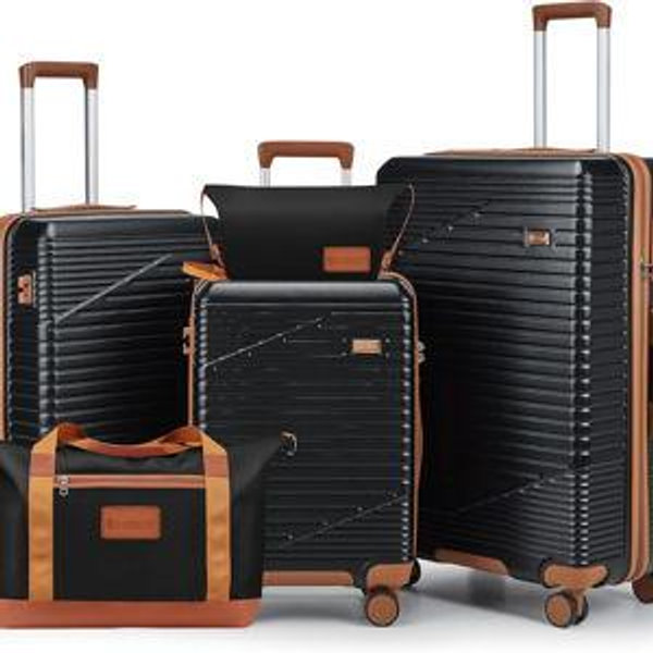 Luggage Sets 3 Piece, Hard Shell Carry on Suitcase with Spinner Wheels and TSA Lock, Travel Lightweight Luggage Set with YKK Zippers (Black, 5 piece sets（20/24/28/DB/TB)