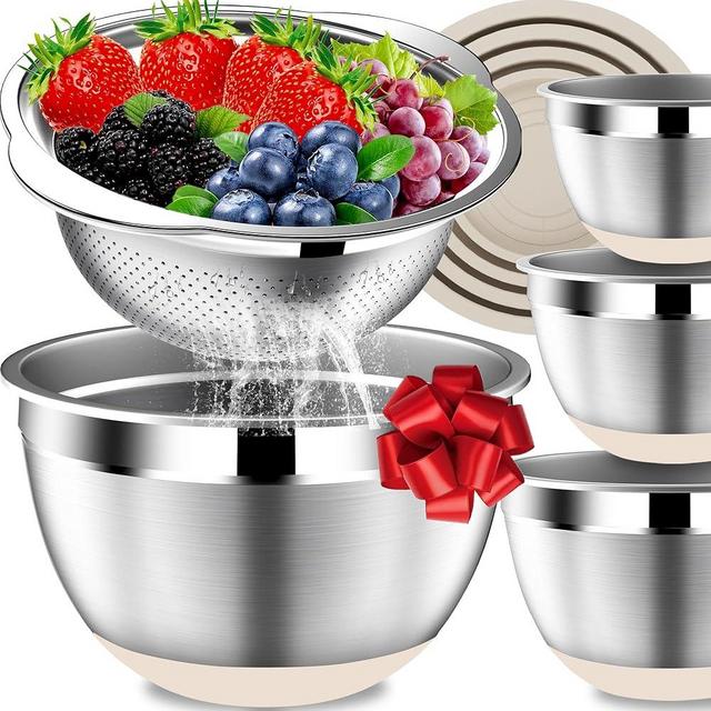 DUTZUN Mixing Bowl Set with Colander, Stainles Steel Mixing Bowls with Lids Set, Stackable Metal Mixing Bowls with Strainer, Non-Slip Bottoms, 5-Piece - Beige