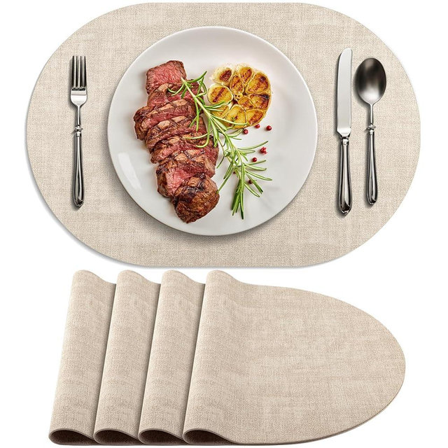 BARTHKIT Placemats for Dining Table Set of 4 Non-Slip, Heat Resistant Oval Leather Placemat Double Layer, Waterproof Table Mats Easy to Clean for Kitchen Dining Room Coffee Office Table, Beige