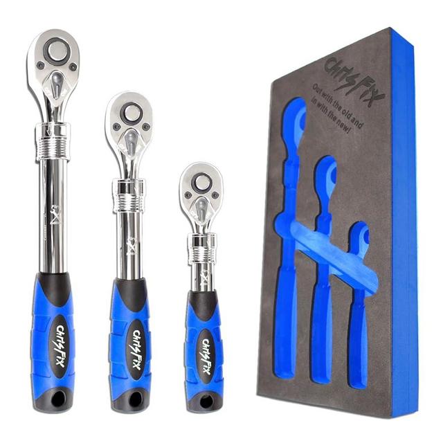 ChrisFix 3 Piece Extendable Ratchet Set - 1/2", 3/8", 1/4" Drive | 72 Tooth Reversible Gear | Quick Release | Ergonomic Grip