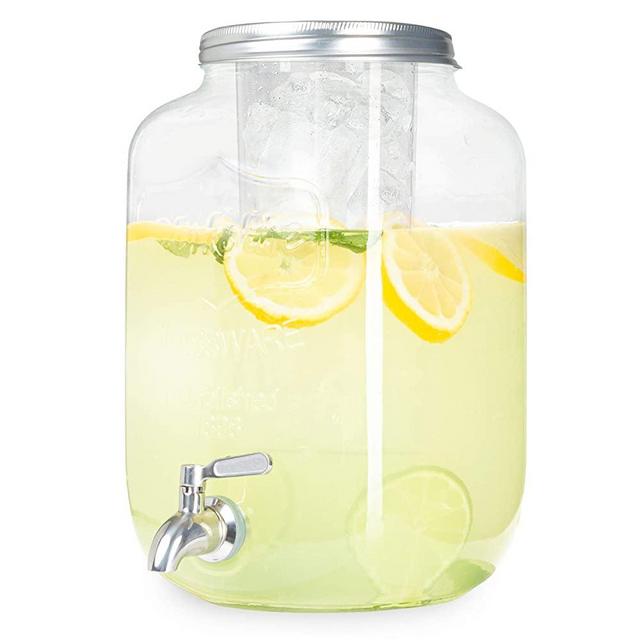 Outdoor Glass Beverage Dispenser with Stainless Steel Spigot & Ice Cylinder - 2 Gallon Drink Dispenser for Tea, Lemonade, Cold Water & More
