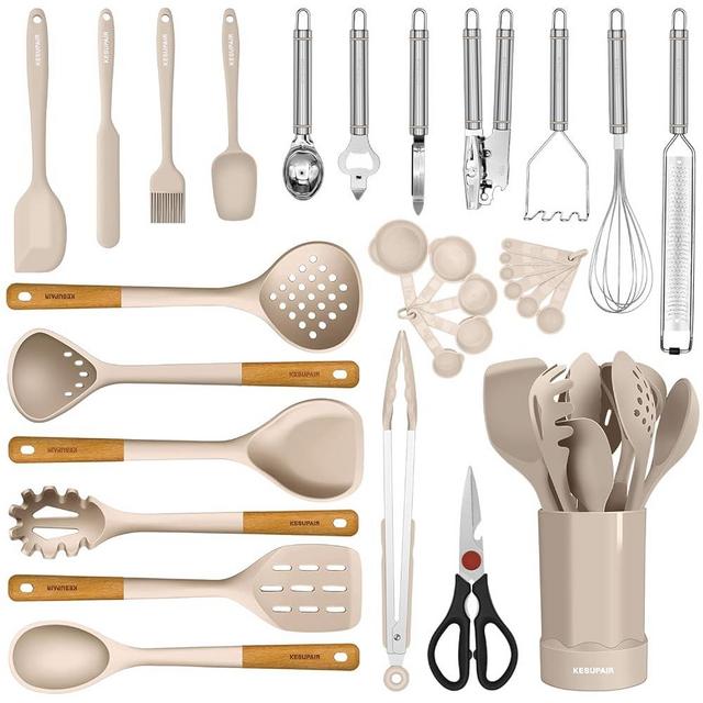 Kesupair Silicone Kitchen Utensils Set - Heat Resistant Silicone Cooking Utensils for Cooking Wooden Handles, Spatula Set, Kitchen Utensil Tools and Gadgets Sets for Non-Stick Cookware (Khaki)