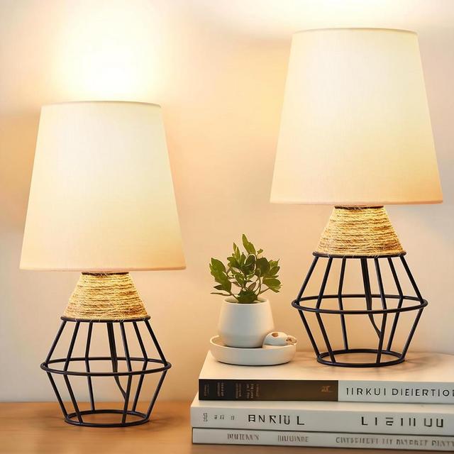 G-SAFAVA 13" Modern Industrial Black Rattan Metal Table lamp Set 0f 2 Boho Hollowed Out Base Small Beside Lamp for Living Room Bedroom Office Study