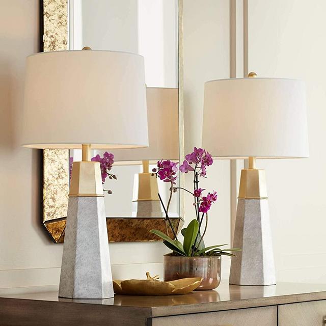 Julie Modern Contemporary Table Lamps Set of 2 Tapered Column Faux Marble Fabric Drum Shade Decor for Living Room Bedroom House Bedside Nightstand Home Office Reading Family - 360 Lighting