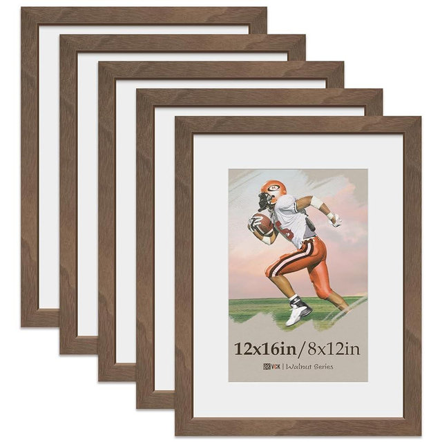 VCK 12x16 Picture Frame 5 Pack, Natural Wood Grain Brown Walnut & HD Glass, Display 8x12 Poster with Mat or 12x16 without Mat, Wall Hanging