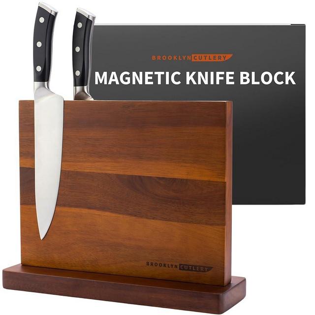 BROOKLYN CUTLERY Magnetic Knife Block, Acacia Wood Magnetic Knife Holder for Kitchen Counter Universal Knife Block Without Knives (12 x 10)