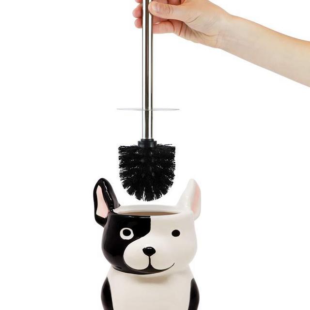 Isaac Jacobs Black and White Ceramic Dog Toilet Bowl Brush Holder with Chrome Metal Handle (Unassembled) - Bathroom Accessory & Cleaning Storage (Dog)