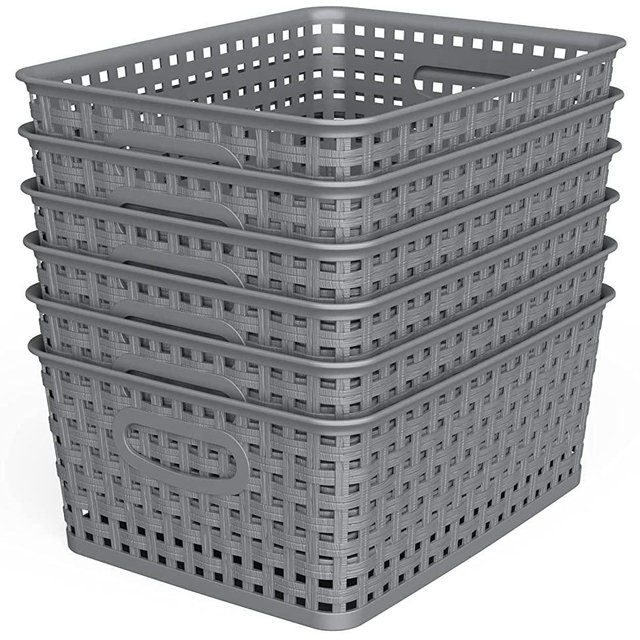 Weave Storage Organizer Baskets, Grey 6-Pack Plastic Woven Baskets, 10.1" x 7.55" x 4.1"