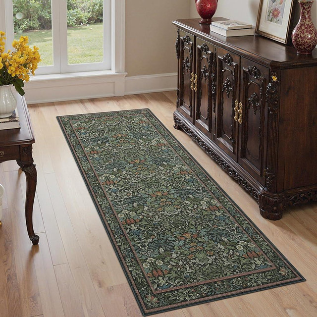 GENIMO 2x6 Runner Rug for Hallway Kitchen Entryway, Non Slip Washable Vintage Boho Soft Thin Floral Carpet, Indoor Low Pile Rug for Bedroom Bathroom Laundry Room, Dark Green