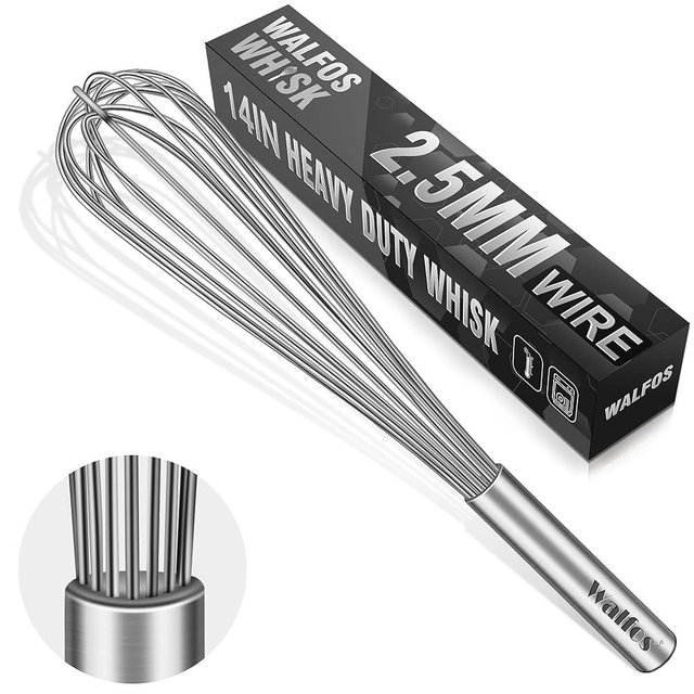 Walfos Whisk,14in Large Whisks, Heavy Duty Stainless Steel Wire Whisk for Blending, Whisking, Beating Suitable for stirring and mixing containers such as deep pots or big bowl at home or store.
