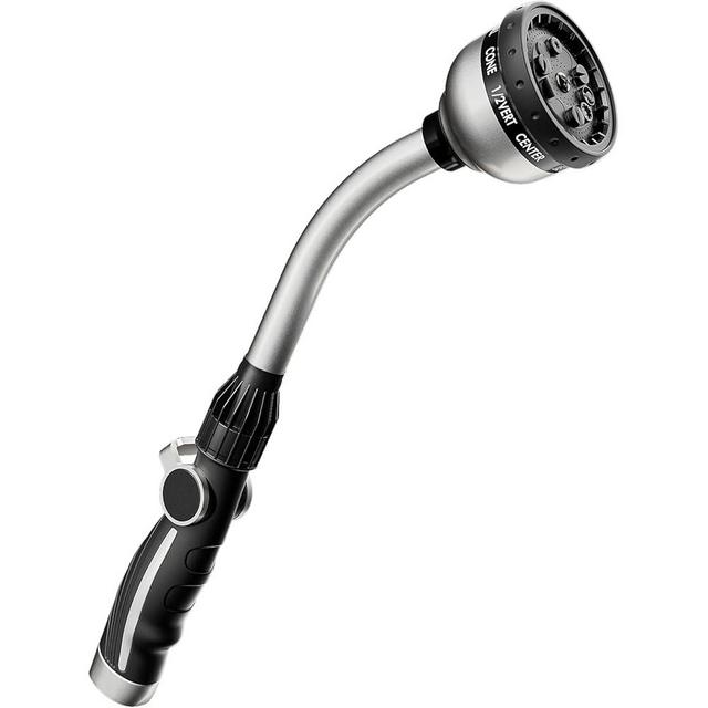 RESTMO Watering Wand Heavy Duty, Metal Garden Hose Wand with Thumb Flow Control, 15-Inch Long Hose Nozzle Sprayer with 10 Spray Patterns, Ideal to Water Hanging Baskets and Shrubs, Silver