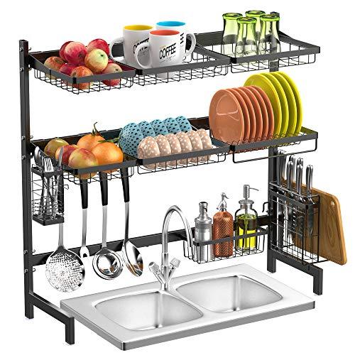 Over the Sink Dish Drying Rack, GSlife 2-Tier Large Durable 201 Stainless Steel Dish Rack Non-Slip with Utensil Holder Hooks for Kitchen Counter Sink