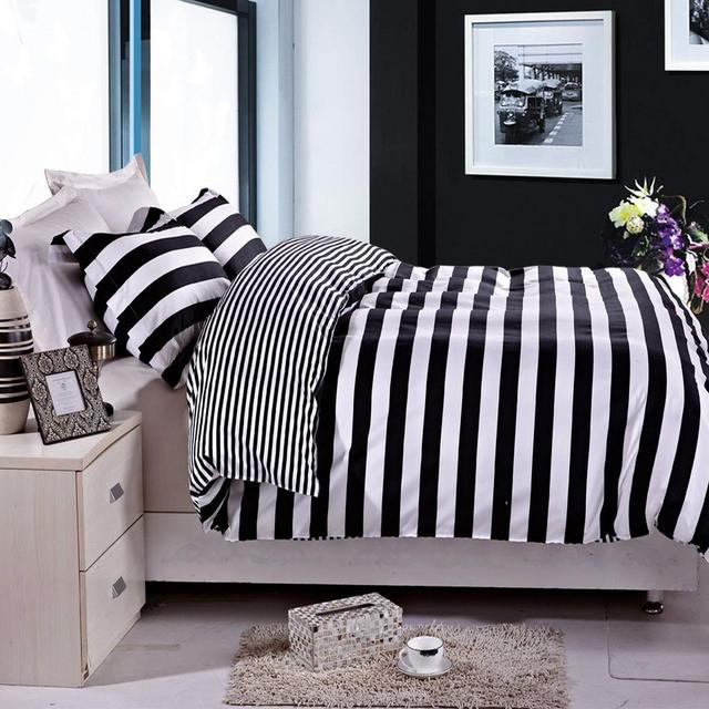 3 Pieces Duvet Cover Set Black and White Stripe Printed Microfiber (Queen)