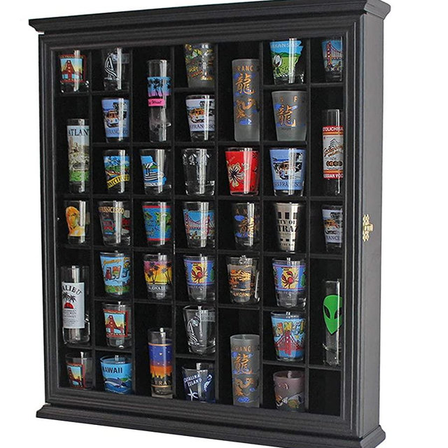41 Shot Glass Display Case Holder Bar Collection Cabinet Wall Rack Shadow Box with Glass Door Black