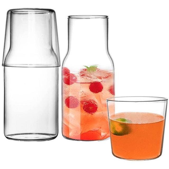 YOUEON Bedside Water Carafe Set with Tumbler Glass, 17 Oz Besides Carafe, Glass Mouthwash Bottle for Bedroom, Bathroom or Kitchen,Clear