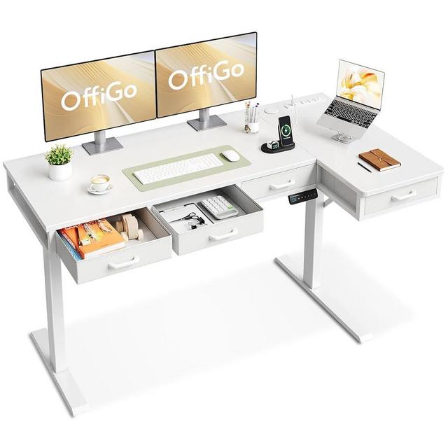 OffiGo 63 Inch L Shaped Electric Standing Desk with Drawers, Height Adjustable Large Desk with Power Outlets, Sit Stand Table, Writing Computer Desk for Home, Office, Workstation,White
