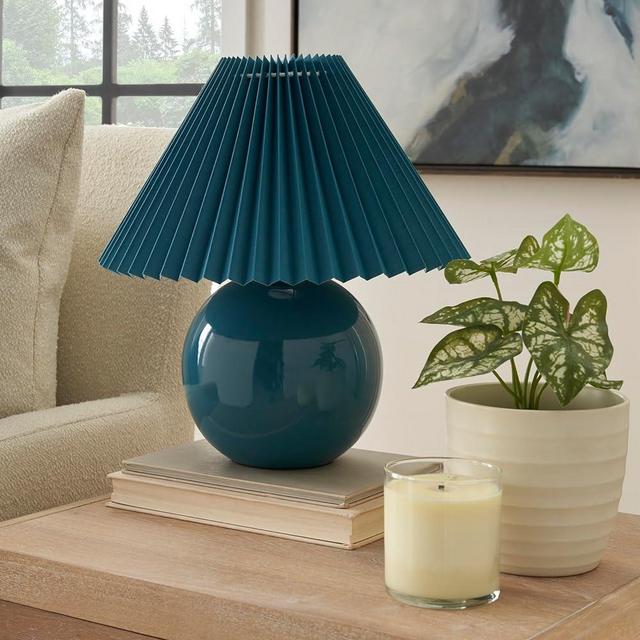 Nourison 13" Blue Ceramic Round Lamp with Pleated Shade for Bedroom, Living Room, Console, End Table, Kids Room, Dorm