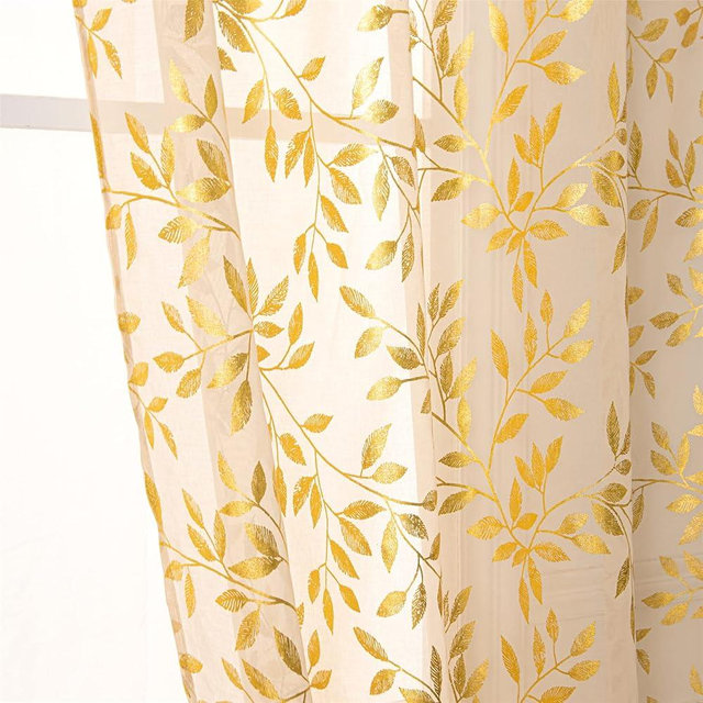 Deeprove Beige Sheer Curtains 84 Inches Long 2 Panels Set, Gold Foil Metallic Vine Leaves Print Window Treatments for Nursery Bedroom, Golden Bronzing Privacy Drapes Pair, Rod Pocket 52" W x 84" L