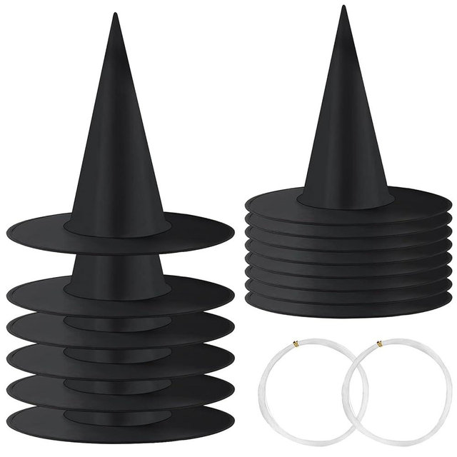 LeeLoon Witch Hat, 14 Pack Halloween Hanging Witch Hats with 200 Feet Hanging Rope, Witch Costume Accessory for Halloween Party Yard Decoration and Carnivals - Black