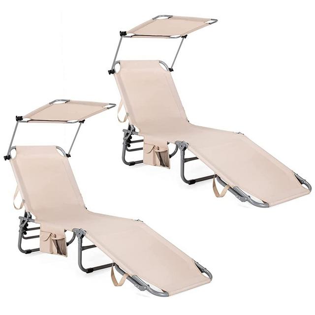 GYMAX Folding Beach Lounge Chair, Canopy Chaise Lounge with Carry Handle & Pocket, 5 Level Adjustable Layout Cot with Rotatable Shade, Foldable Portable Outside Patio Recliner for Poolside (2, Sand)