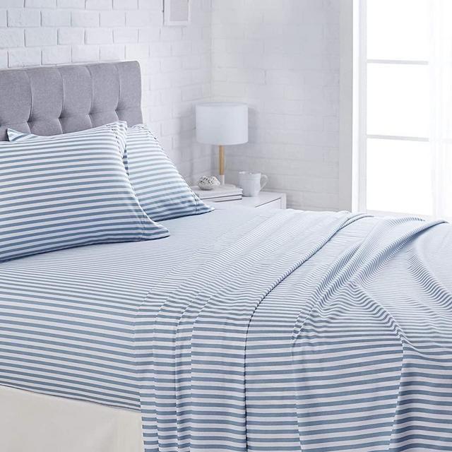 AmazonBasics Lightweight Super Soft Easy Care Microfiber Bed Sheet Set with 16" Deep Pockets - Queen, Dusty Blue Pinstripe