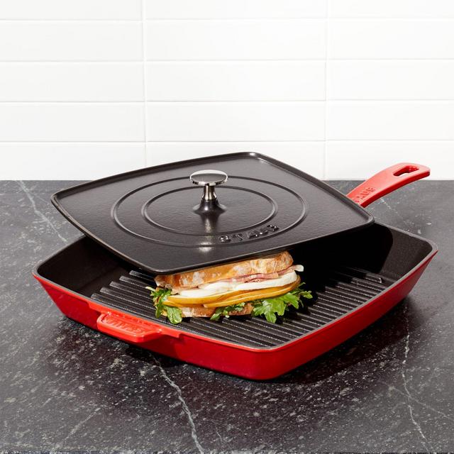 Staub 12" Square Grill Pan and Press Set Cherry