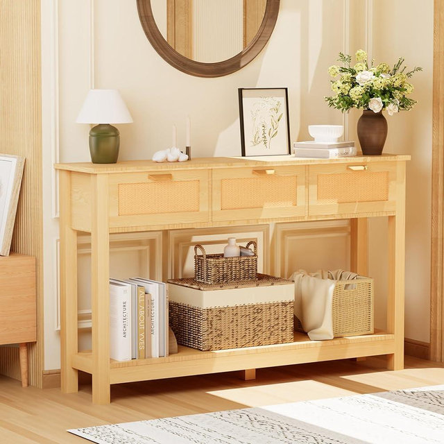Royal Windsor Rattan Console Table with 3 Drawers, Boho Entryway Table with Storage Open Shelf, Sofa Table Behind Couch Table for Living Room, Entry Table Entrance Table Hallway Table, Natural Wood