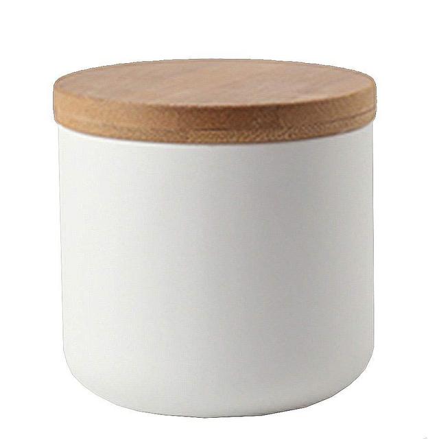 Ceramic Pure Color Sugar Bowl Spice Jar Storage Pot with Wooden Lid