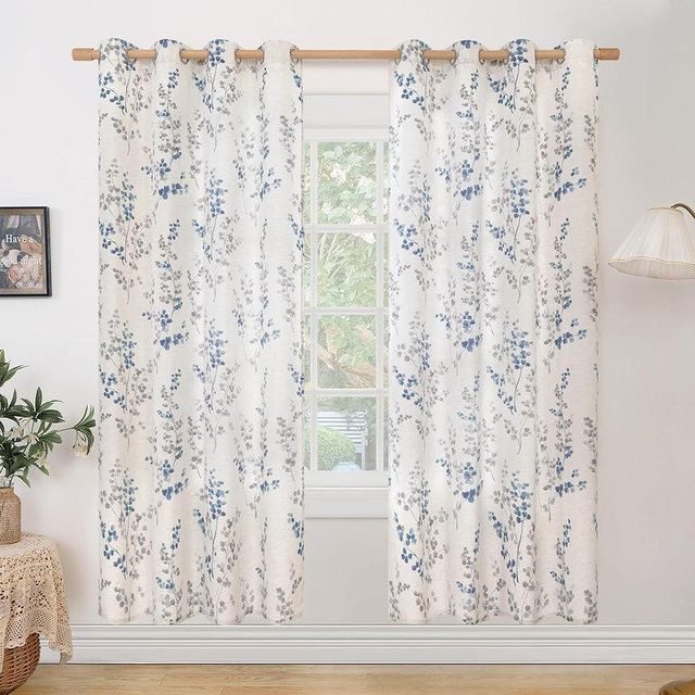 BGment Linen Curtains for Living Room 72 Inch Length 2 Panels, Floral Leaf Patterns, Light Filtering Window Privacy Boho Curtains for Vintage Farmhouse Dining Room, Each 52 Inch Wide, Navy