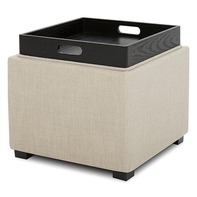 CHITA Fabric Storage Ottoman Cube, Footrest Stool Seat Serve as Side Table, Flax Beige