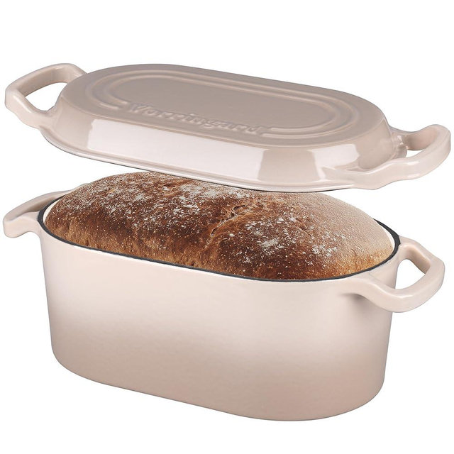 VORRINGARD Oval Dutch Oven Pot with Lid, Enamel Coating Cast Iron Bread Pans for Homemade Sourdough Bread Baking, Cooking, 4 Quart, Latte