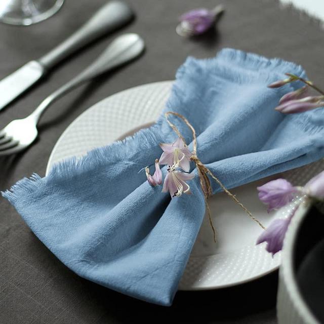 Ayuzawa Handmade Cloth Napkins 100% Cotton Napkins with Fringe，Delicate Handmade Cloth Napkins for Dinners, Parties, Weddings and More，18 x 18 Inch Set of 6 - Blue