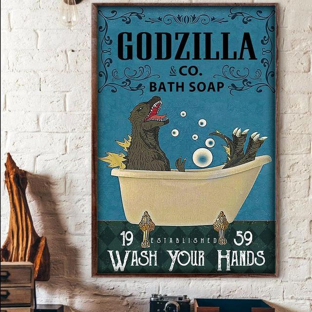 SaNavie Godzilla Co Bath Soap Wash Your Hand Poster Home Coffee Wall Decor Home Bar Man Cave Diner Garage Decor metal tin sign 6x8 Inch