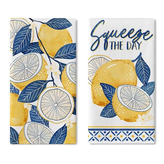 Croar Chinoiserie Lemon Kitchen Dish Towels Set of 2, Squeeze The Day Lemonade Drying Hand Towel Baking Cooking Cloth, Summer Blue and White Porcelain Farmhouse Home Decoration 18 x 26 Inches