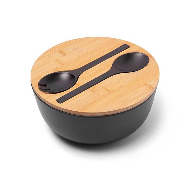 Bamboo Fiber Salad Bowl With Servers Set Large Solid Wooden Mixing Bowls With Bamboo Lid, Fiber Spoon and Fork for Serving Fruits, Salad and Pasta