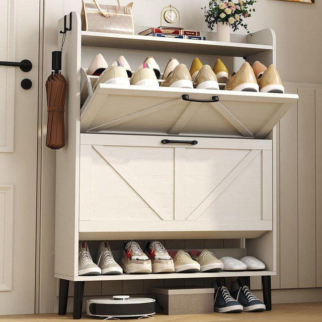 HOMEFORT Shoe Storage Cabinet for Entryway, Slim Shoe Organizer with Two Flip Drawers, Narrow Shoe Rack Cabinet with Wood Legs, Farmhouse Hidden Shoe Cabinet for Front Door Entrance,Antique White