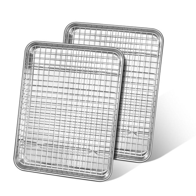 Baking Trays with Wire Rack, Leonyo 12.5" x 9.7" Baking Sheets for Oven, Commercial Grade Stainless Steel Cookie Sheets Nonstick Raised Cooling Rack for Cake, Jelly Roll - 4 Pack (2 Trays + 2 Racks)