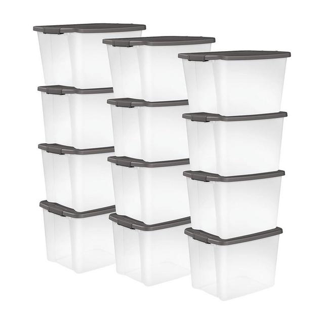 Sterilite 12-Pack 50 Quart ShelfTote, Clear Plastic Storage Organizer Bins with Gray Lids – Stackable Home and Office Containers for Closet or Shelves
