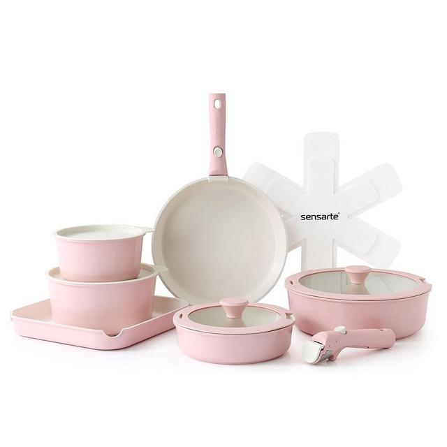 SENSARTE 17 Piece Ceramic Pots and Pans Set, Nonstick Detachable Handle Cookware, Induction Kitchen Cookware Set with Removable Handle, Dishwasher ＆ Oven Safe, PFAS/PTFE/PFOA Free (Pink)