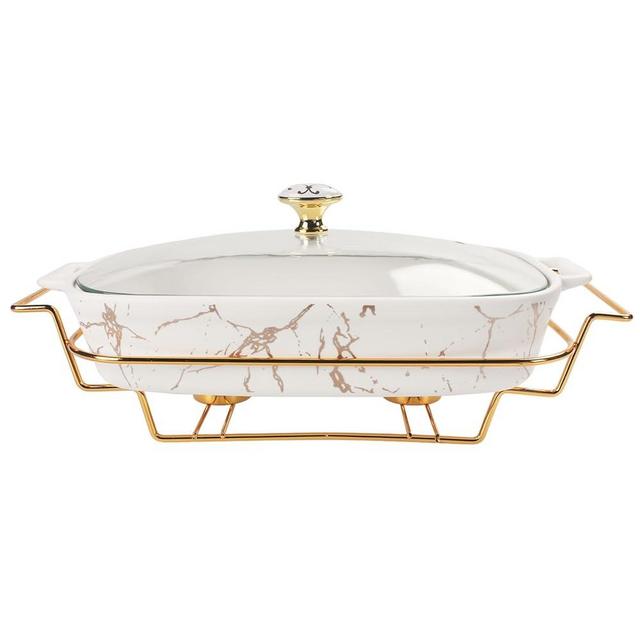 jinsongdafa Ceramic Casserole Dish with Glass Lid and rack, 2.2 Quart Serving Soup Tureen,Chafing Dish for Buffet, Family Food preserve Tray, Catering Casserole for Party Style,White 15.2 Inch