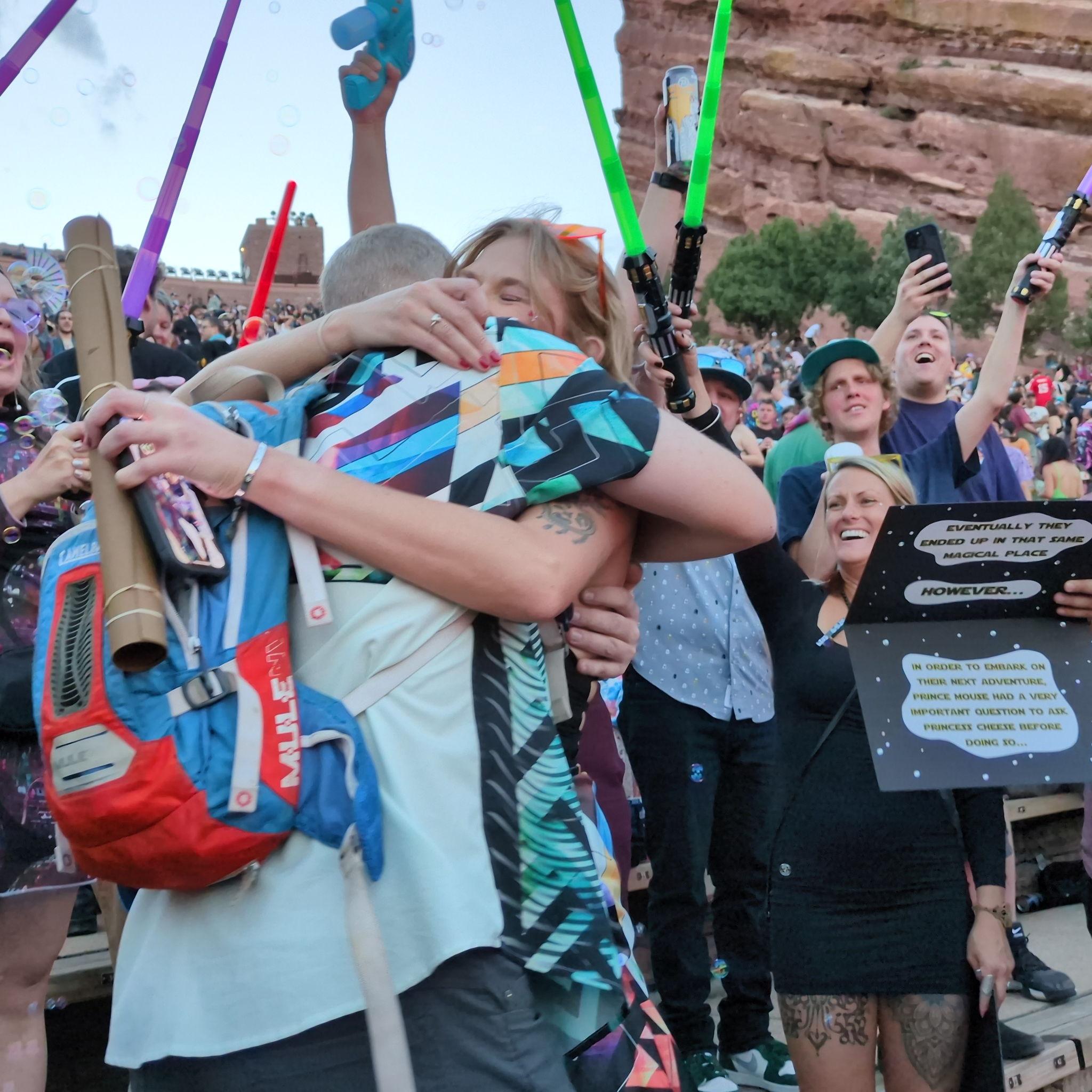 Our engagement on September 29th, 2024, with all of our closest friends before the STS9 concert at Red Rocks. They all helped pull off an amazing surprise!