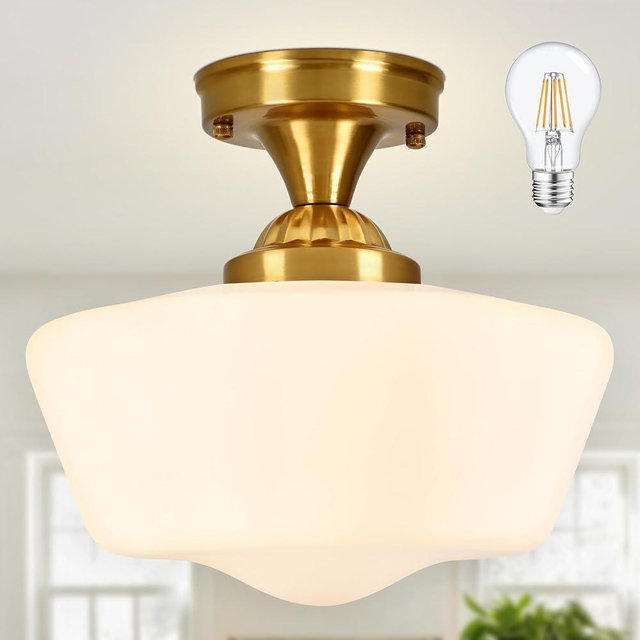 Ayshwilldec Brass Schoolhouse Light Fixture 12" Mid Century Light Fixture Milk Glass Light Fixtures School House Light Fixtures Ceiling Semi Flush Mount Ceiling Lights for Bedroom Bathroom (bulb Incl.