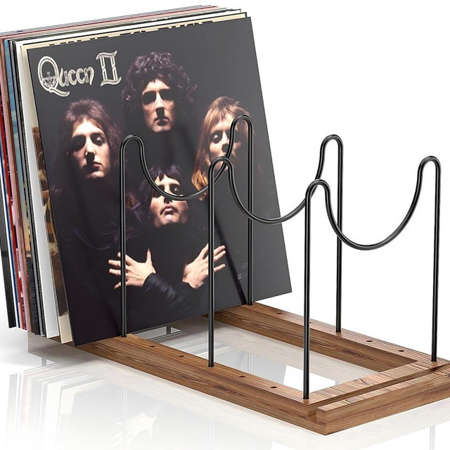 Vinyl Record Holder Rack for 50–70 LPs, Retro Now Playing Vinyl Record Stand with Solid Wood Base and Anti-Slip Pad, Record Display Stand, Vinyl Record Storage & Organizer for Collection Display