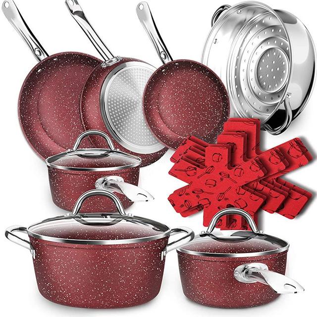 Dealz Frenzy Stone Ultra Non-Stick Induction Cookware Set, 16 Pieces Marble Mineral Coating Pots and Pans Set, Thanksgiving Day, Stainless Steel Handle,Durable,Scratch Resistance, Dishwasher/Oven Safe
