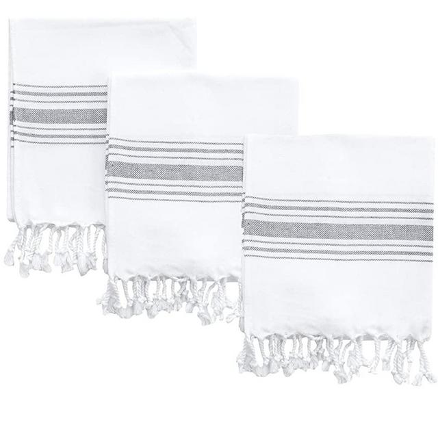 BAROOGA Turkish Hand Towel Set (Pack of 3) Face Towel, Peshtemal Fringe Hand Towel Set - Kitchen Tea Dish Cloth Set, Super Soft, Quick Dry and Highly Absorbent (18 x 38 inches) (Grey)