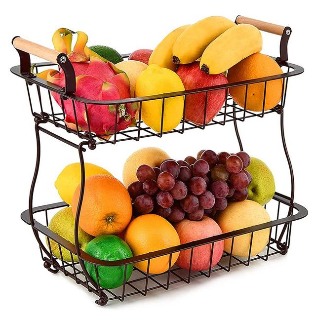 2 Tier Fruit Basket for Kitchen Countertop Vegetable Fruit Bowl Tiered Stand Metal Rectangle Wire Fruit Holder for Kitchen Counter Storage Bread Snack Produce Farmhouse Basket, Bronze