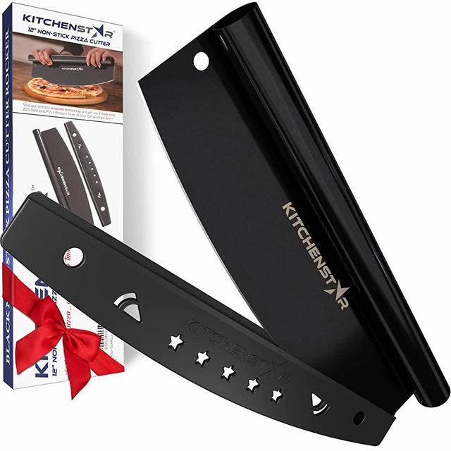 12” Black Non-Stick Pizza Cutter by Kitchenstar | Sharp Stainless Steel Slicer Knife - Rocker Style w Blade Cover | Chop and Slices Perfect Portions + Dishwasher Safe – Premium Pizza Oven Accessories