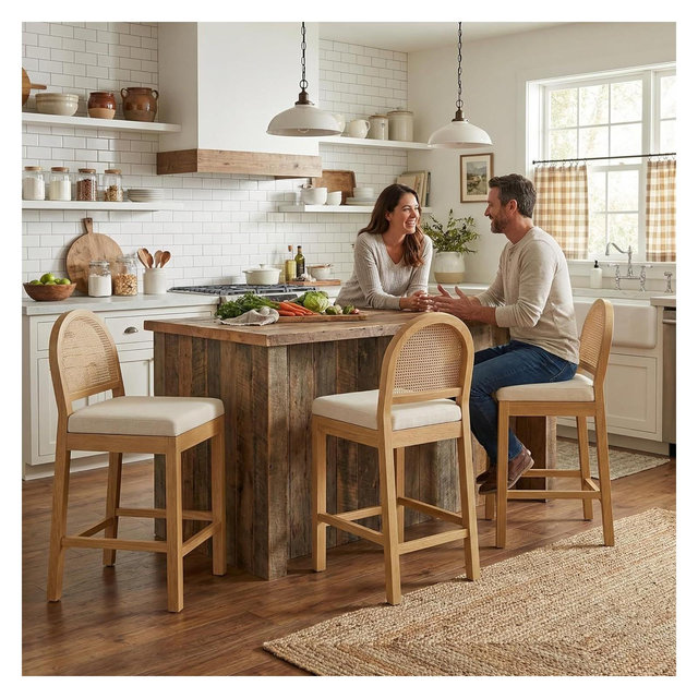 TYBOATLE Set of 3 Rattan Back Counter Height Bar Stools with Upholstered Seat and Solid Beech Wood Frame